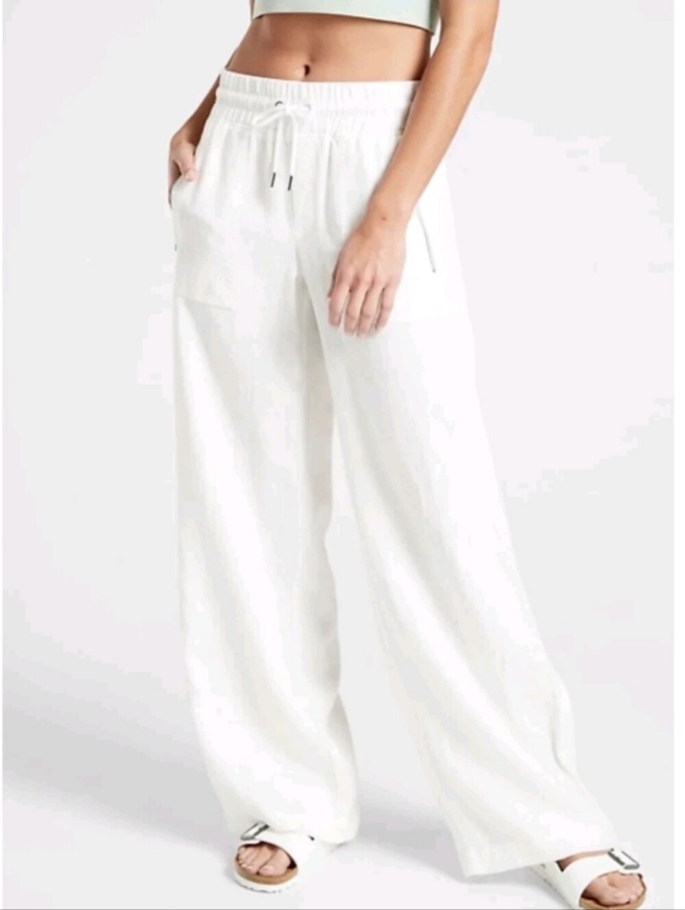 Athleta Cabo Linen Wide Leg Pants Pull On Coastal Womens Size 8 Elastic Waist